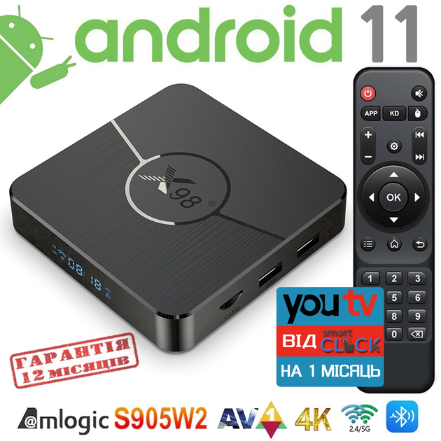 Смарт ТВ-приставка X98 plus 4/32Гб Android 11 Amlogic 905W2 ...