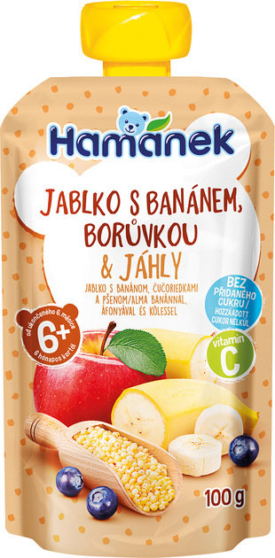 Упаковка Hamanek Пюре из яблок, бананов, черники и пшена 100 г х 8 шт (8595139799564) 