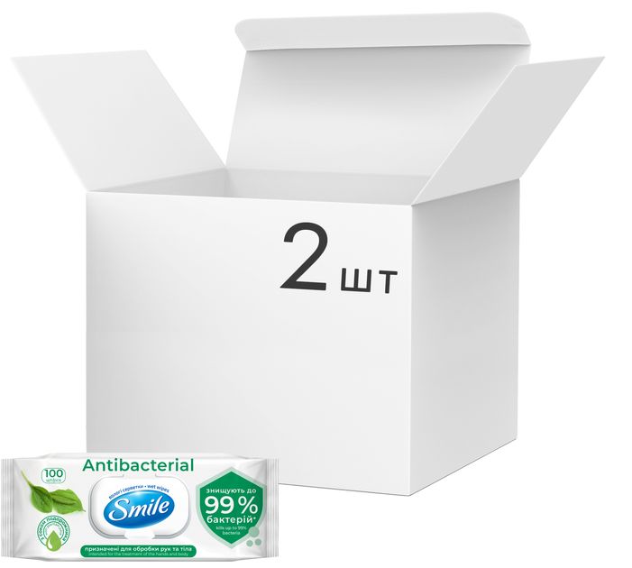 Упаковка вологих серветок Smile Antibacterial з подорожником 2 пачки по 100 шт. (42112810) - зображення 1