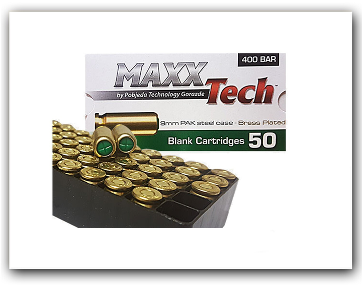 Пістолетні холості патрони Blank Cartridges MaxxTech 9 mm PAK steel case brass plated, 50 штук - зображення 1