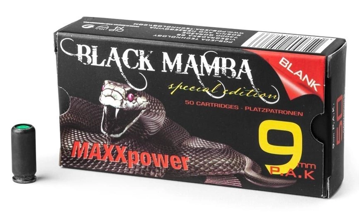Пістолетні холості патрони MaxxPower Blank Rounds Black Mamba 9 мм 400 Bar, 50 штук - изображение 2