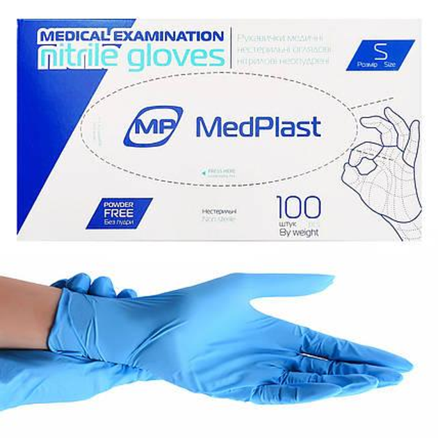 Перчатки нитриловые MedPlast неопудренные голубые S 100 шт - изображение 1