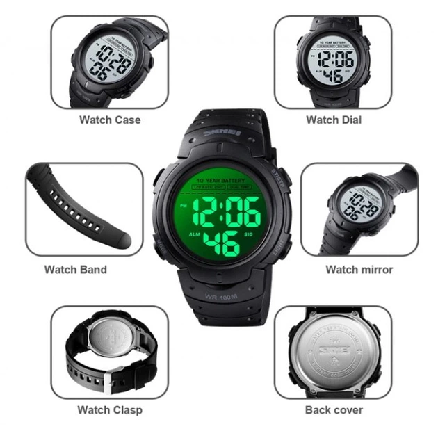 Часы мужские Skmei Neon 10 Bar Black + секундомер - Фото 4 Часы мужские Skmei Neon 10 Bar Black + секундомер - изображение 4