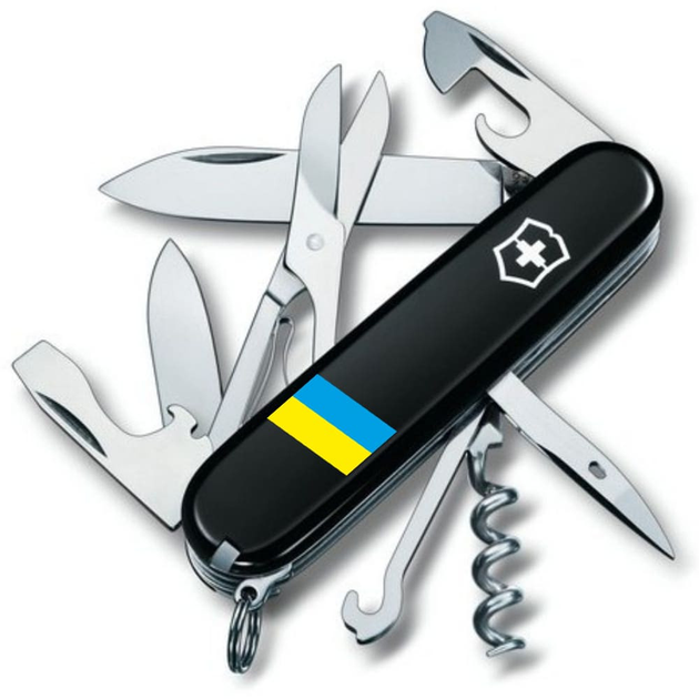 Складной швейцарский нож Victorinox Vx13703.3_T1100u Climber Ukraine Флаг Украины 14 функций 91 мм черный - изображение 1