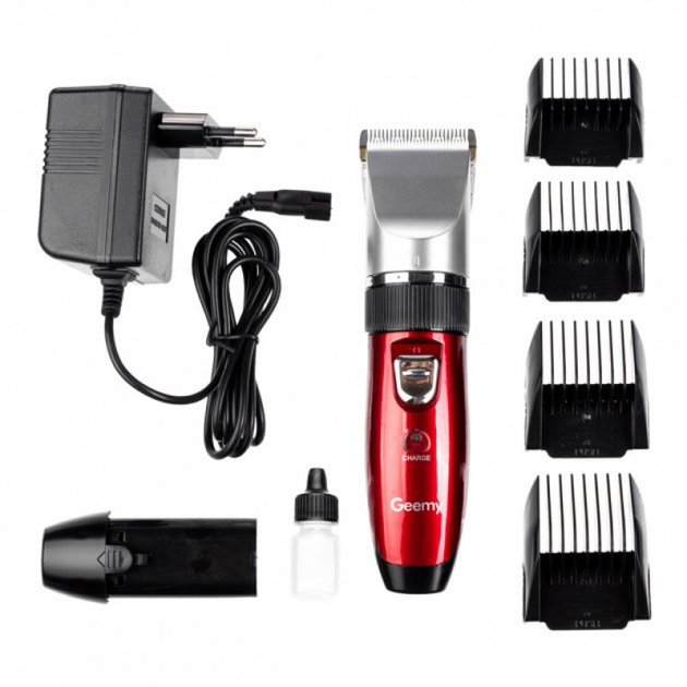 Машинка для стрижки волос Geemy GM 550 Professional Red 3 Вт беспроводная с титановым и керамическим ножами 4 насадки + запасной аккумулятор - изображение 1