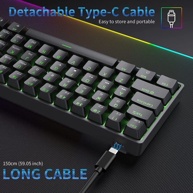 Механическая игровая клавиатура Dierya 60% с механическими переключателями Clicky, Type-C, 61 клавиша (раскладка ENG-UA, QWERTY) черный - изображение 7