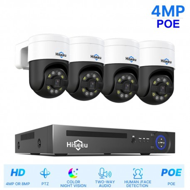 Комплект POE видеонаблюдения Hiseeu POEKIT-4HD914 на 4 поворотные PTZ ...