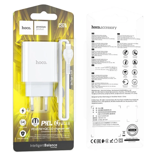 Зарядне мережеве HOCO C97A PD+QC3.0 20W (1USB 3A) Lightning-Type-C Білий - изображение 2
