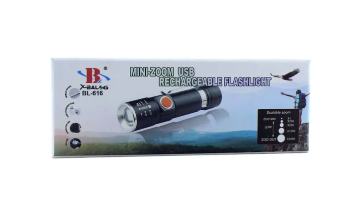 Акумуляторний ліхтар LED металевий кишеньковий ліхтарик Bl-616/4246 (заряджається від USB) Black - зображення 8