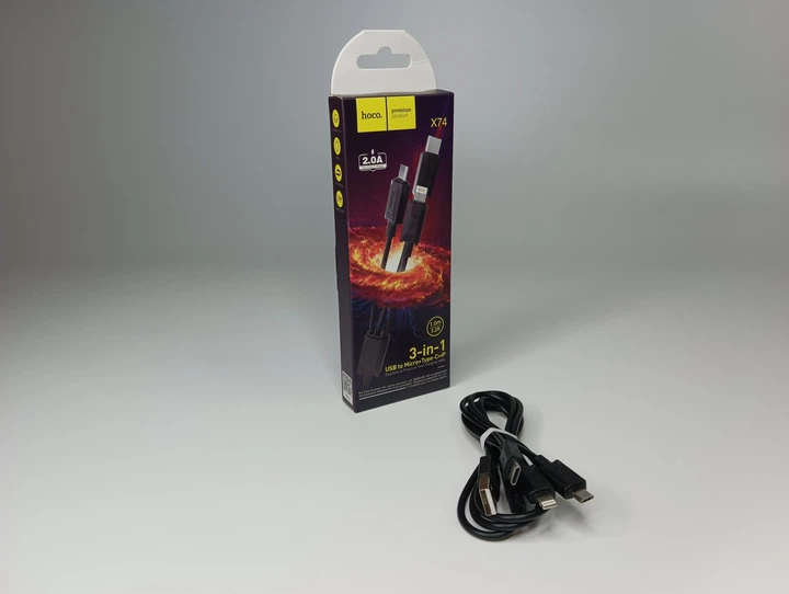 Універсальний Кабель Hoco Xpress X74 3в1 Lightning | MicroUSB | Type-C 2A 1 Метр Чорний - Фото 1 Універсальний Кабель Hoco Xpress X74 3в1 Lightning | MicroUSB | Type-C 2A 1 Метр Чорний - зображення 1
