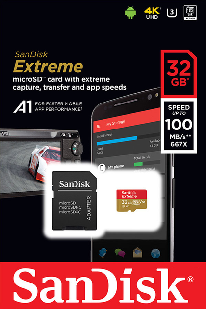 Sandisk microSDHC 32GB Extreme A1 Class 10 V30 UHS-I U3 (SDSQXAF-032G-GN6MA) - зображення 1