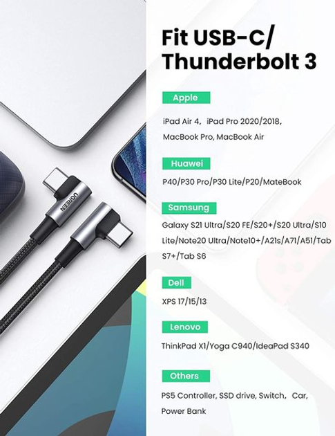 Кабель Ugreen US323 Type-C-Type-C Both Angled 3 A Cable 1 м Gray\Black (UGR-70529) - зображення 5