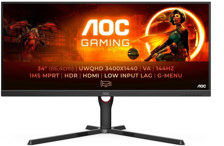 Монітор 34" AOC U34G3XM/EU -- UWQHD / 144 Hz / 8-Bit / sRGB 121% / Adaptive Sync / G-SYNC Compatible / Freesync Premium / DisplayHDR 10 - зображення 1