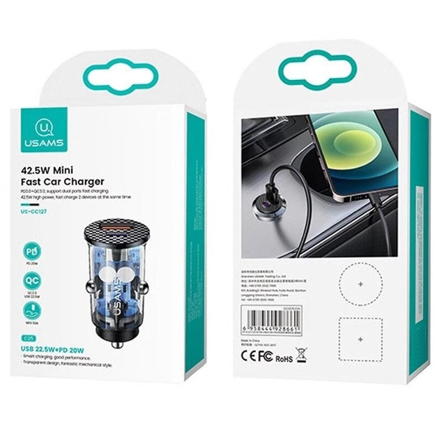 Автомобільне зарядне пристрій Usams US-CC127 C25 USB + USB Type-C 42.5W Transparent - зображення 5