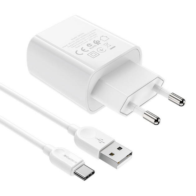 Мережевий зарядний пристрій BOROFONE BA58A Mighty dual port Digital Display Charger Set (Type-C) White - зображення 1