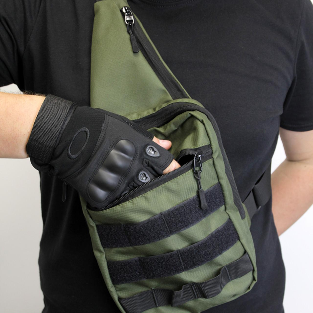 Тактическая сумка-слинг с кобурой на липучке плечевая однолямочная, олива через плечо, нагрудная сумка-кобура - изображение 2