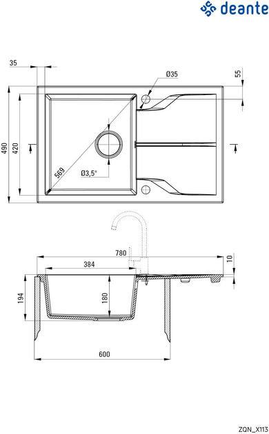 Кухонна мийка граніт DEANTE Andante 780х490х194 мм (ZQN_N113) - зображення 2