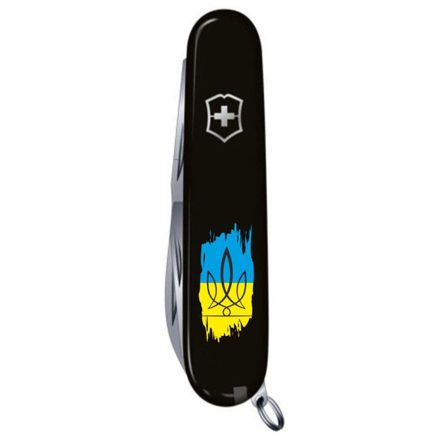 Швейцарський ніж HUNTSMAN UKRAINE 91мм/15функцій, Тризуб фігурний на фоні прапора - зображення 1