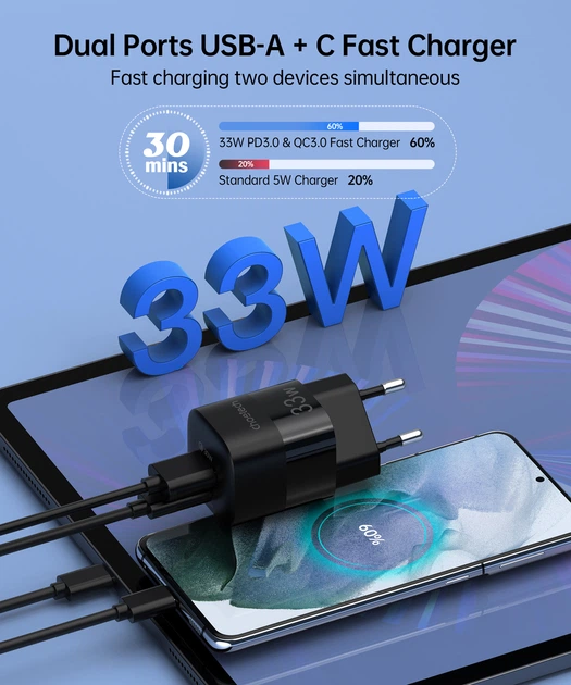 Ładowarka sieciowa Choetech PD5006-EU-BK 2 USB 33 W QC3.0/PD/PPS (PD5006-EU-BK) - obraz 3