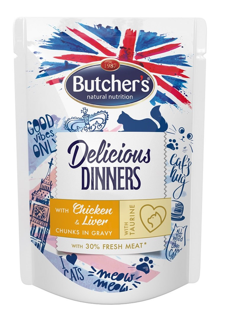 Mokra karma dla kotów BUTCHER'S Delicious Dinners z kurczakiem i wątróbką w sosie - saszetka 100g (65083) (5011792001613) - obraz 1