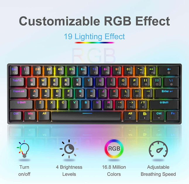 Механическая игровая клавиатура Dierya 60%, с RGB, водонепроницаемая, 61 программируемая клавиша (красный переключатель) ENG ( Английский ) DK61E - изображение 3