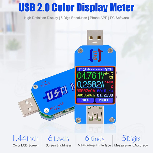 USB тестер струму напруги ємності споживання RD UM25C Bluetooth ...