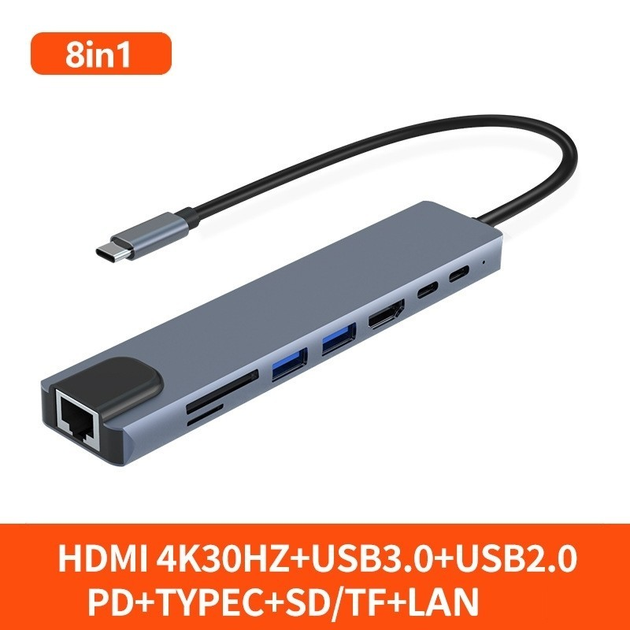 Разветвитель Type-C на USB 3.0, картридер SD TF, HDMI 4K, LAN, PD 87W ...