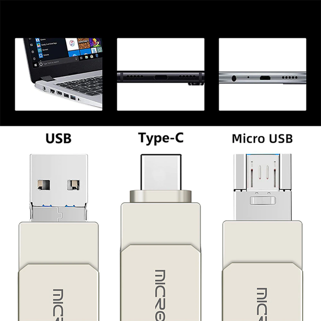 Металлическая USB Флешка 3в1 256GB Type-C/MicroUSB/USB 3.0 для телефона/компьютера OTG MicroDrive Серый - Фото 5 Металлическая USB Флешка 3в1 256GB Type-C/MicroUSB/USB 3.0 для телефона/компьютера OTG MicroDrive Серый - изображение 5