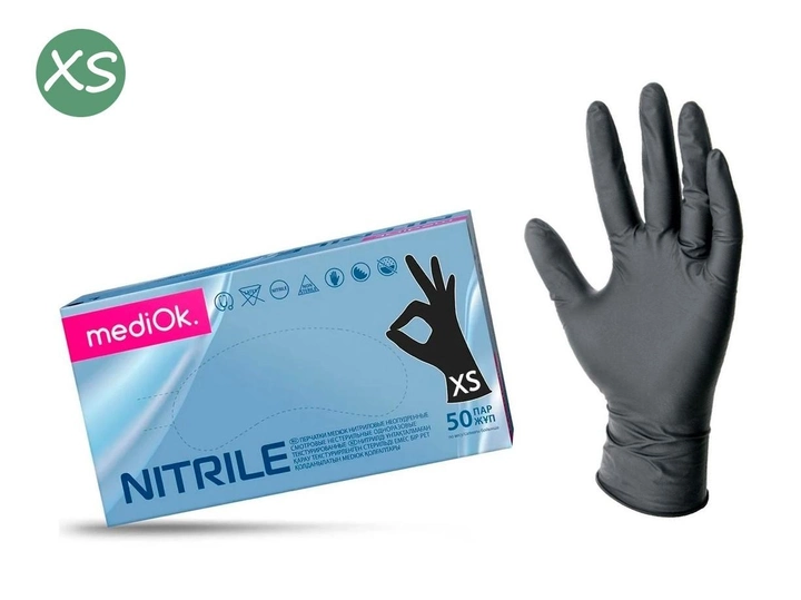 Перчатки нитриловые черные, размер XS, MediOk (100 шт) - изображение 1