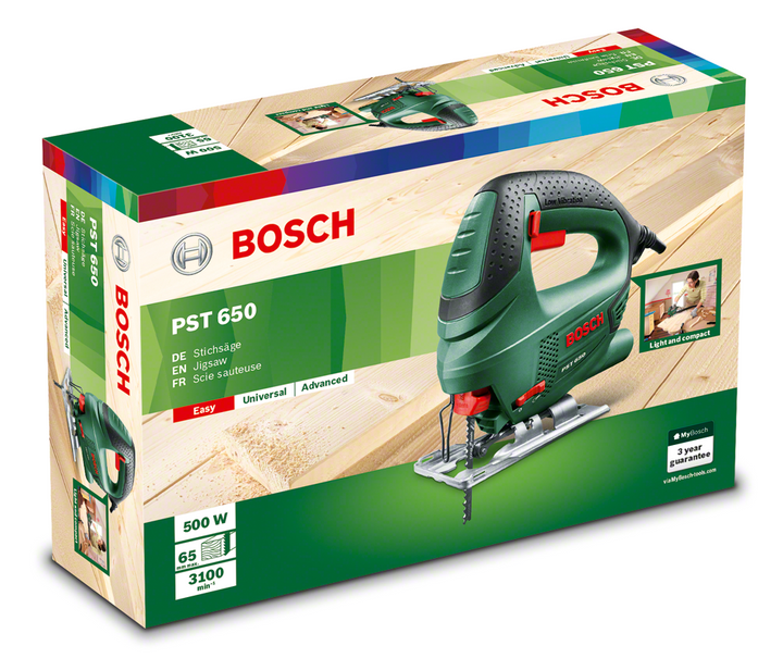 Лобзик электрический Bosch PST 650, 500 Вт, 65 мм глубина реза + 4 полотна  T144D, картонная упаковка (06033A0721) – фото, отзывы, характеристики в  интернет-магазине ROZETKA
