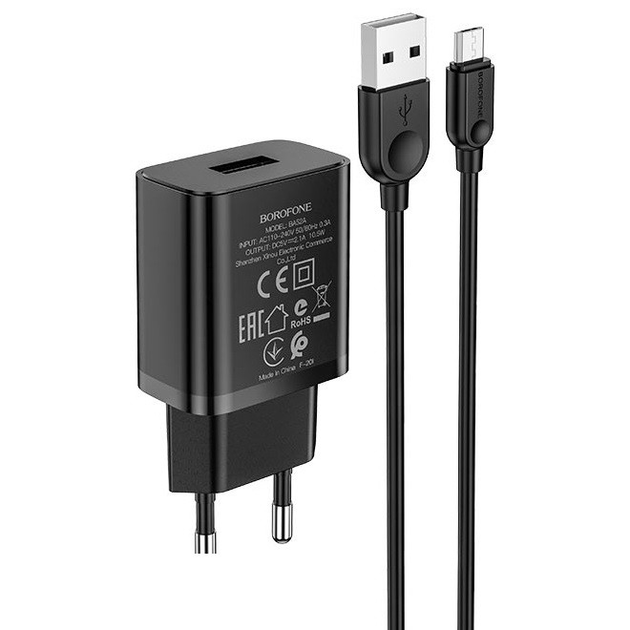 Зарядний пристрій + кабель MicroUSB BOROFONE BA52A | USB, 2.1A | Чорний - зображення 1