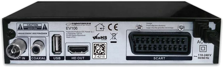 Цифровий тюнер наземного телебачення Esperanza EV106R TV set-top box Cable Black (5901299957776) - зображення 2