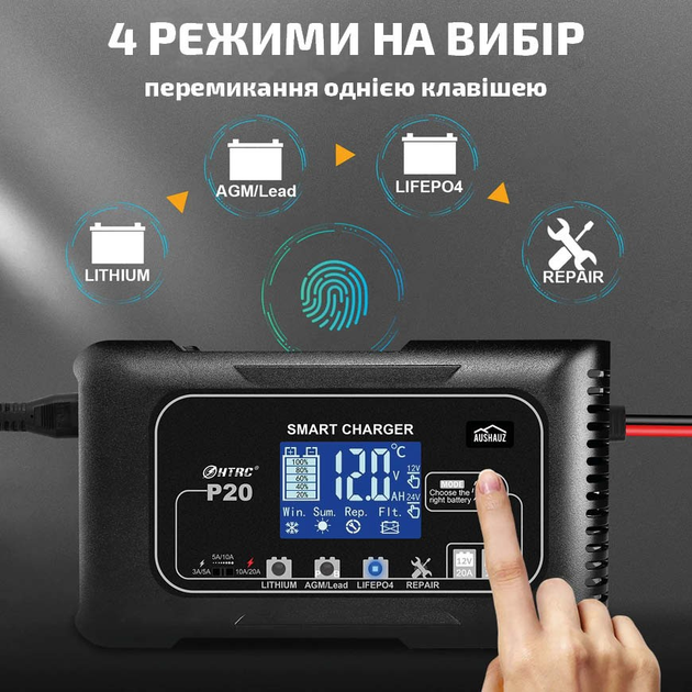 Умное зарядное устройство 20 Ампер для AGM, LiFePO4, Гелевых, Литиевых ...