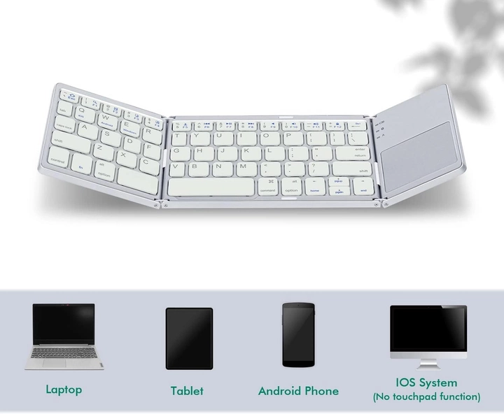 Сложная портативная аккумуляторная Bluetooth-клавиатура Mcbazel с сенсорной панелью для мобильных устройств. Цвет - Бело-серебристый ( ENG - UA ) - изображение 2