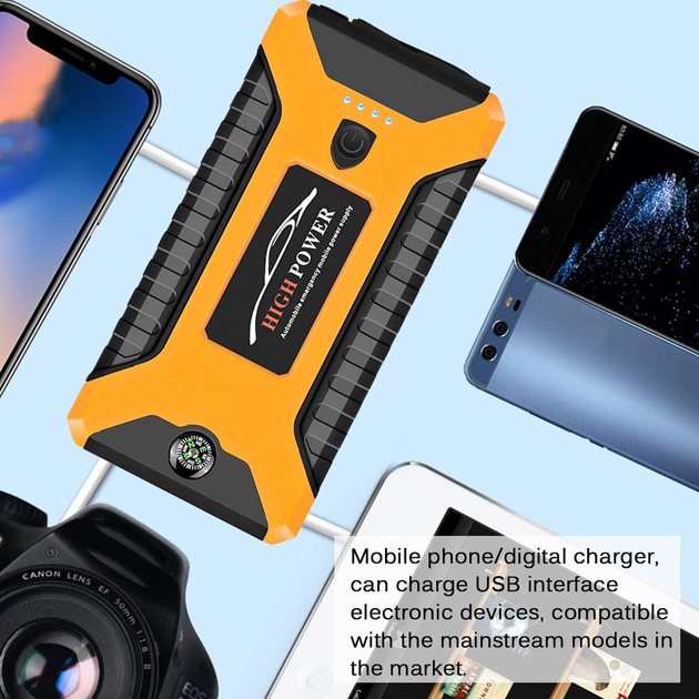 Пускозарядное устройство Jump Starter 600 А-88000mAh №2 PowerBank, фонарь, дисплей, 4USB, кейс, Черно-желтый + Компрессор - изображение 4
