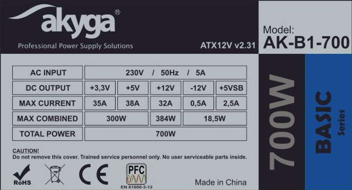 Zasilacz AKYGA 700 W 20+4 pin ATX ATX Szary (AK-B1-700) - obraz 4