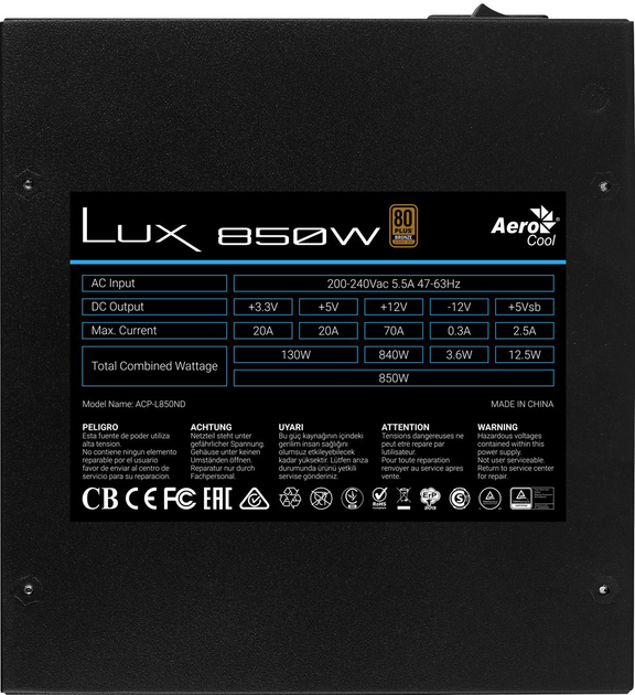 Aerocool LUX850 Zasilacz PC 850W 80 Plus Brązowy 230V Wydajność 88% Czarny (AEROLUX-850-80BRONZE) - obraz 5
