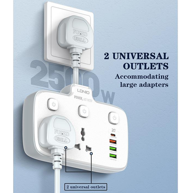 Удлинитель сетевой LDNIO SC2413 |20W/10A, 3USB/1Type-C, 2розетки, 2.5 см| Белый - Фото 7 Удлинитель сетевой LDNIO SC2413 |20W/10A, 3USB/1Type-C, 2розетки, 2.5 см| Белый - изображение 7