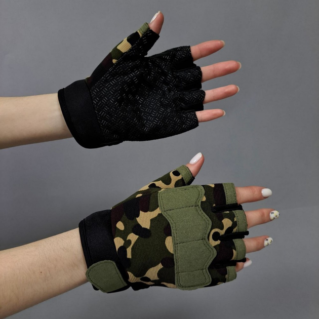 Захисні тактичні військові рукавички без пальців для полювання риболовлі PRO TACTICAL камуфляжні АН8789 розмір L - зображення 1