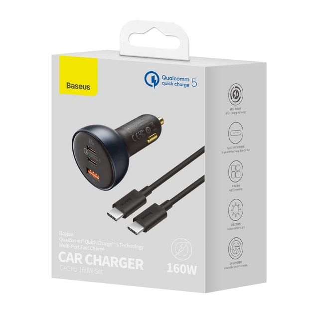 Автомобільний зарядний пристрій Qualcomm Quick Charge 160W USB-A/2xUSB-C with USB-C to USB-C Cable Grey (TZCCZM-0G) - Фото 5 Автомобільний зарядний пристрій Qualcomm Quick Charge 160W USB-A/2xUSB-C with USB-C to USB-C Cable Grey (TZCCZM-0G) - зображення 5