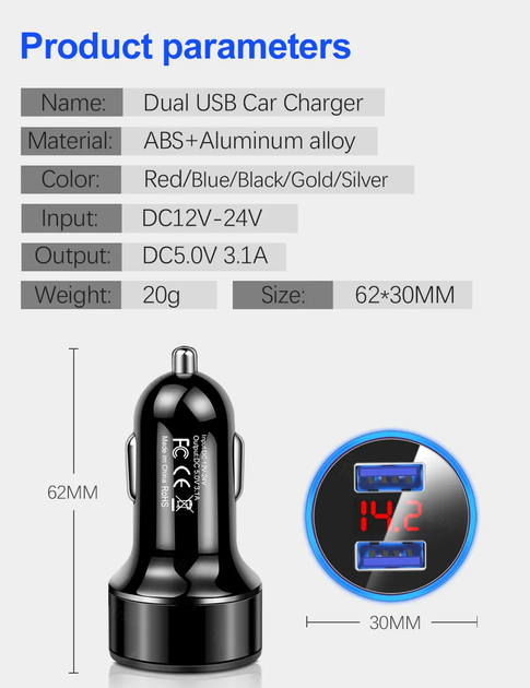 Автомобильная быстрая USB зарядка QC 3.0 от прикуривателя с вольтметром. 3,1 А, 12- 24 В - Фото 7 Автомобильная быстрая USB зарядка QC 3.0 от прикуривателя с вольтметром. 3,1 А, 12- 24 В - изображение 7