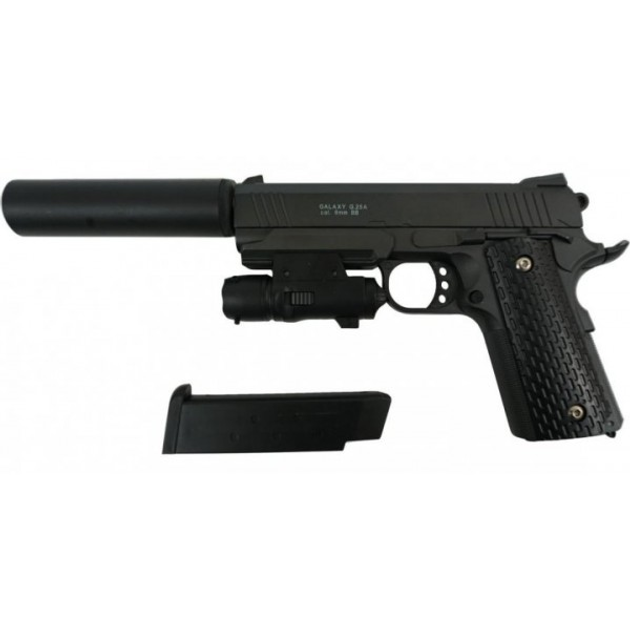 Страйкбольний пістолет Colt 1911 Rail Galaxy G25A з Глушником та Прицілом метал чорний - изображение 1