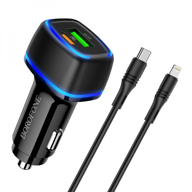 Автомобільний зарядний пристрій Borofone BZ14A USB QC3.0 Type-C PD20W cable Type-C to Lightning, Black - зображення 1