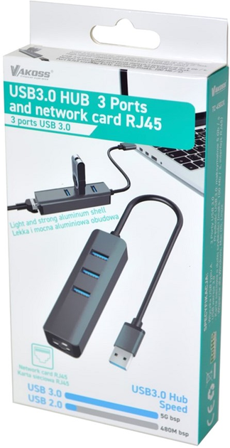 Hub USB Vakoss 1x RJ-45 + 3x USB-A 3.0 (TC-4502X) - obraz 2