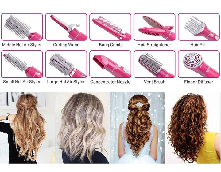 Фен щітка 10 в 1 Fullcome Hair Styler ST300 Професійний багатофункціональний стайлер для випрямлення та завивки волосся Рожевий - зображення 2