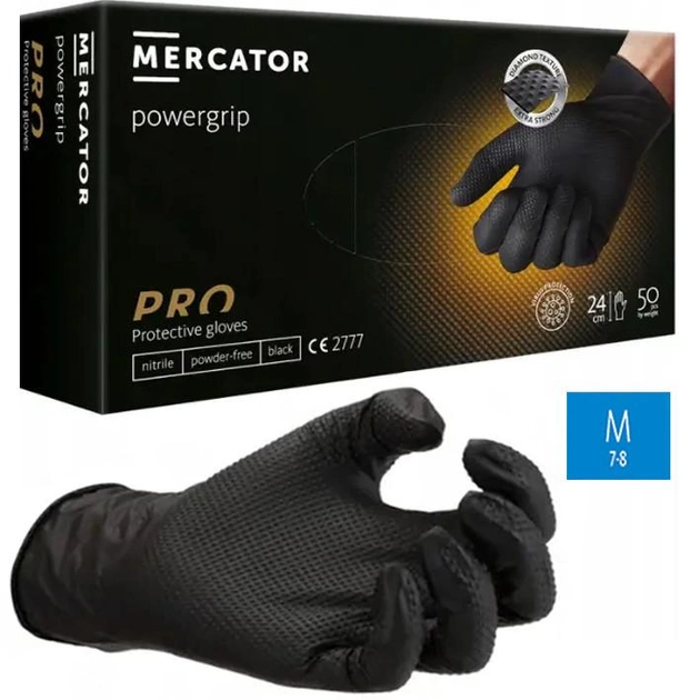 Нитриловые перчатки Cупер прочные GoGrip Mercator Medical, плотность 6.7 г. - черные (50шт/25пар) M (7-8) - изображение 1