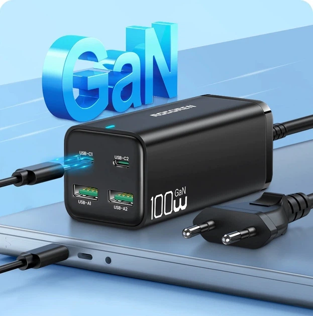 Блок питания Rocoren GaN 100W (2xUSB, 2xType-C) Quick charge для MacBook/Asus/Lenovo/HP/Google/Huawei/Samsung - изображение 3