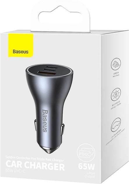 Ładowarka samochodowa Baseus Golden Contactor Pro Triple Fast Charger Car Charger 65 W U+C+C Dark Gray (CGJP010013) - Zdjęcie 5 Ładowarka samochodowa Baseus Golden Contactor Pro Triple Fast Charger Car Charger 65 W U+C+C Dark Gray (CGJP010013) - obraz 5