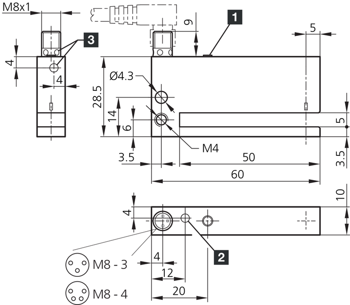 Щелевой датчик для этикеток, Push-pull (2x), NO/NC, IP 67, коннектор M8 4-pin, OGUTI 005/50 FG3K-TSSL Di-sori - изображение 2