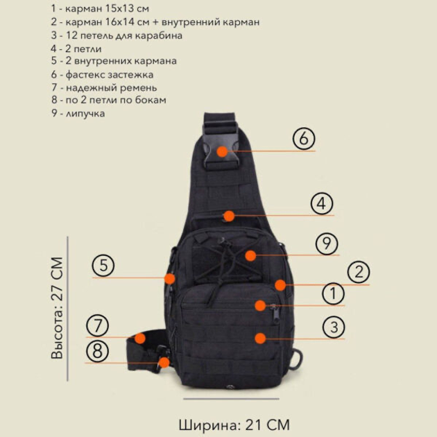 Якісна тактична сумка, укріплена чоловіча сумка, рюкзак тактична слінг. Колір чорний - зображення 2